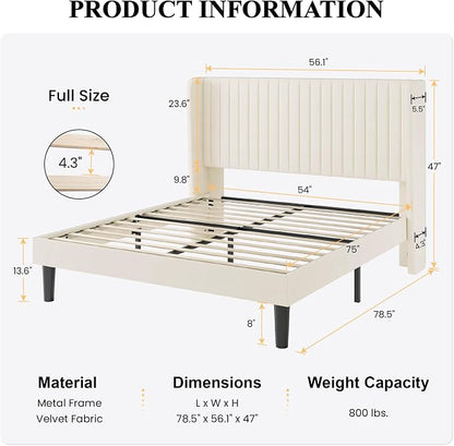 SHA CERLIN Full Size Velvet Bed Frame with Vertical Channel Tufted Wingback Headboard, Upholstered Platform Bed with Wood Slats, No Box Spring Needed, Easy Assembly, Cream White