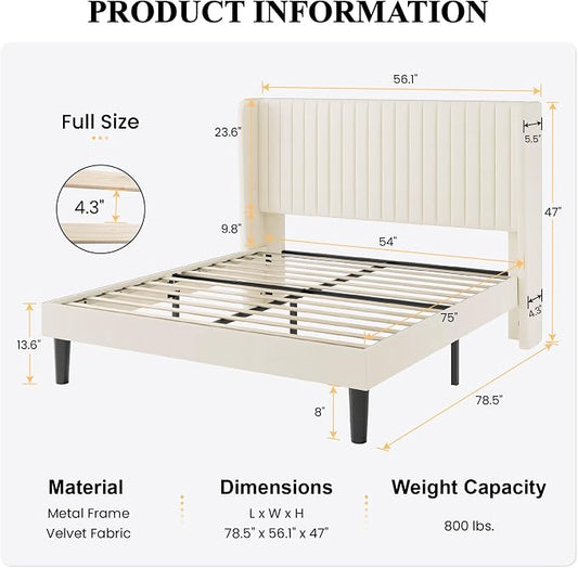 SHA CERLIN Full Size Velvet Bed Frame with Vertical Channel Tufted Wingback Headboard, Upholstered Platform Bed with Wood Slats, No Box Spring Needed, Easy Assembly, Cream White