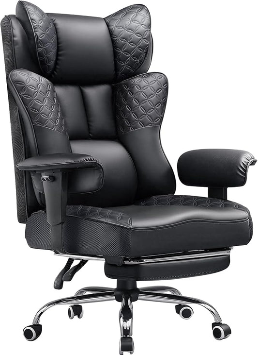GTPLAYER Big and Tall Office Chair Wide Ergonomic Gaming Chair with Deluxe Embossing Designed Leather with Foot Rest,150°Reclining Adjustable Soft Armrests Pocket Spring Back Support and Pillow