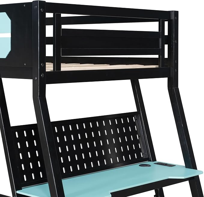 Merax Wooden Twin Over Twin Bunk Bed with 2 Side Desks, USB Desktop Ports and Pegboard Organizer, Gaming Bunk Bed for Gamer, Kids or Teens, No Box Spring Needed, Cloud Blue