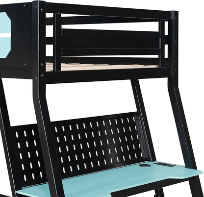 Merax Wooden Twin Over Twin Bunk Bed with 2 Side Desks, USB Desktop Ports and Pegboard Organizer, Gaming Bunk Bed for Gamer, Kids or Teens, No Box Spring Needed, Cloud Blue