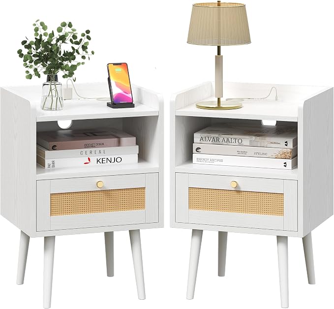 MECHYIN Night Stand Set 2, Nightstands Set of 2 with Charging Station, Rattan Side Tables with Solid Wood Legs, Boho Bedside End Table for Apartment Bedroom Dorm Small Space