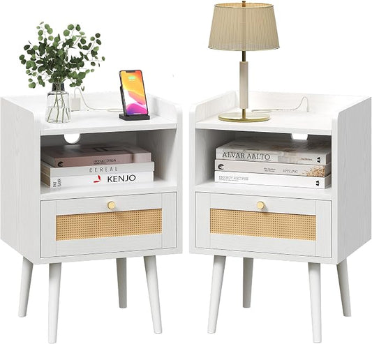 MECHYIN Night Stand Set 2, Nightstands Set of 2 with Charging Station, Rattan Side Tables with Solid Wood Legs, Boho Bedside End Table for Apartment Bedroom Dorm Small Space