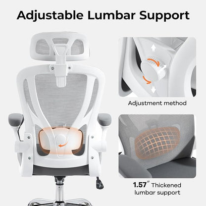 Office Chair Ergonomic Office Chair with Lumbar Support, Head Support, Rocking Function, Flip-up Armrests, Mesh High Back Chair Home Office Desk Chair, Suitable for Home Office, Grey, 1 Pk
