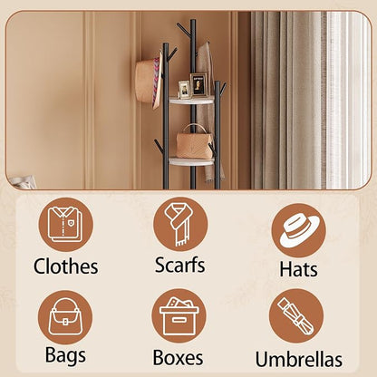 Espelism Rotary Coat Rack Freestanding Metal Coat Hall Tree Stand with 4 Tiers Storage Display Shelf and 9 Hooks for Entryway Bedroom Corner Office Garment Clothes Holder (Grey)