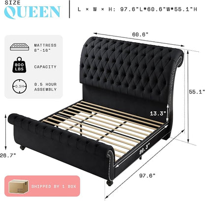 AMERLIFE 55" Sleigh Bed Frame, Black, Queen | Velvet Upholstered Platform, Scroll Headboard & Footboard, Deep Button Tufted, Solid Wood Legs, No Box Spring Needed