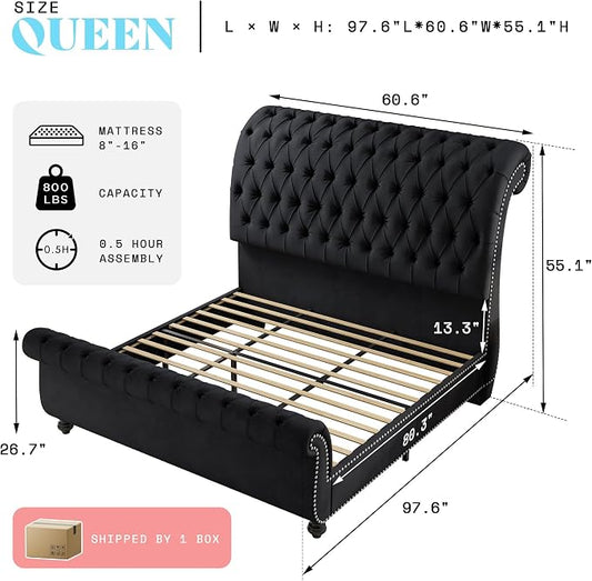 AMERLIFE 55" Sleigh Bed Frame, Black, Queen | Velvet Upholstered Platform, Scroll Headboard & Footboard, Deep Button Tufted, Solid Wood Legs, No Box Spring Needed