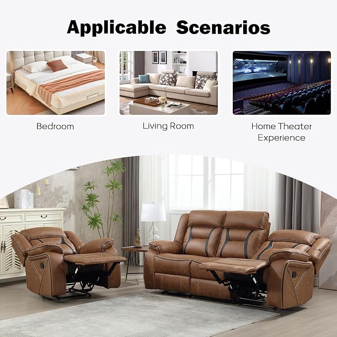 EBELLO Manual Recliner Sofa Set, Faux Leather Reclining Living Room Furniture Set, Included Recliner Chair and 3 Seat Manual Recline Sofa, Brown