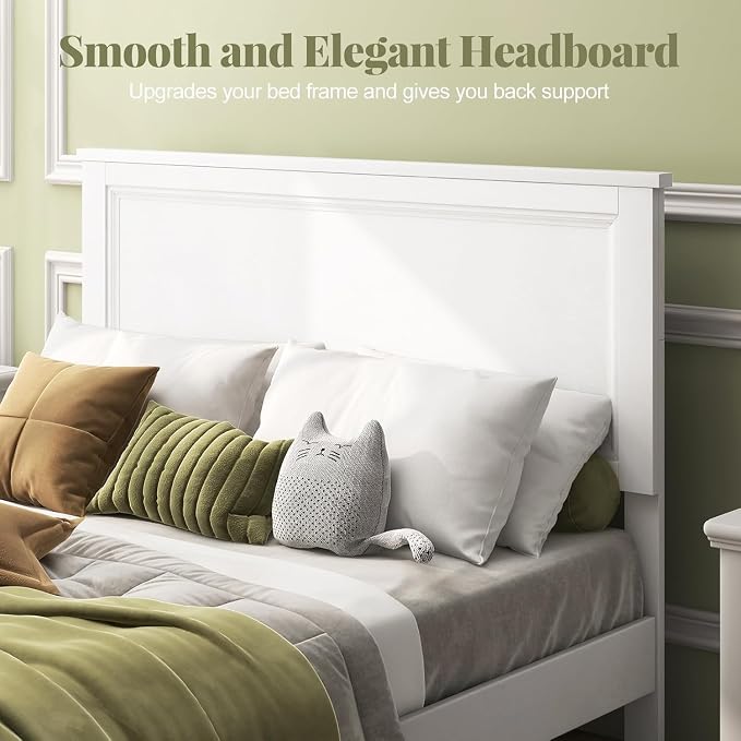 Wood Bed Frames with Headboard, Mid Century Bed Frame with Solid Wood Legs & Wooden Slat Support, Mattress Foundation Bed Base, No Box Spring Needed, (White, Full)
