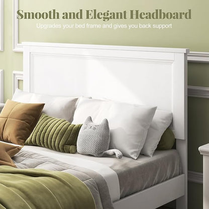 Wood Bed Frames with Headboard, Mid Century Bed Frame with Solid Wood Legs & Wooden Slat Support, Mattress Foundation Bed Base, No Box Spring Needed, (White, Full)