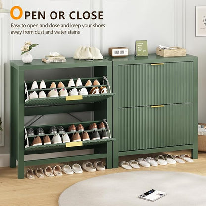 YOMILUVE Fluted Shoe Storage Cabinet with 2 Flip Drawers, Freestanding Shoe Organizer, Hidden Slim Narrow Shoe Rack for Entryway, Hallway, Green