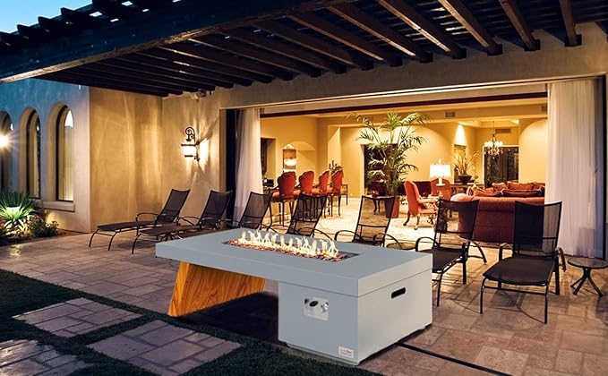 Premium 60” Gas Fire Pit Table with Unique Wooden-Visual Leg, Large Propane Fire Table with Lava Rocks, Smokeless Fireplace 60,000BTU for Backyard Patio Villa Bonfire, FP015