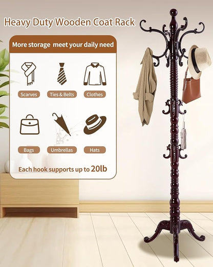 Wooden Coat Rack Freestanding, Solid Wood Coat Rack Stand with 14 Hooks, Vintage Heavy Duty Coat Racks,Standing Coat Jacket Hanger Tree Stand for Corner, Office, Entryway