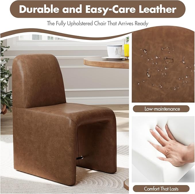 Hyfirm Mid-Century Modern Brown Faux Leather Desk Chair No Assembly Required | Fully Upholstered Armless Accent Chair with Metal Footrest, Comfy Side Chairs for Kitchen, Livingroom, Home Office, Study