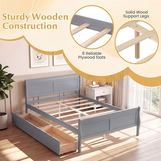 Giantex Full Bed Frame with 2 Storage Drawers, Wood Platform Bed with Headboard & Footboard, Wooden Slats Support Mattress Foundation, Sleigh Bedframe for Teens Adults, No Box Spring Needed (Grey)