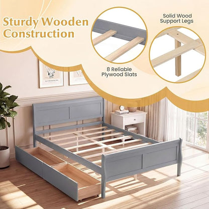 Giantex Full Bed Frame with 2 Storage Drawers, Wood Platform Bed with Headboard & Footboard, Wooden Slats Support Mattress Foundation, Sleigh Bedframe for Teens Adults, No Box Spring Needed (Grey)
