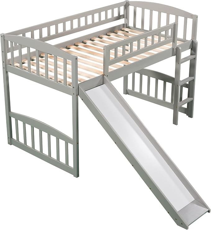 Twin Size Loft Bed, Wood Loft Bed with Slide and Ladder, Gray