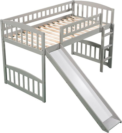 Twin Size Loft Bed, Wood Loft Bed with Slide and Ladder, Gray