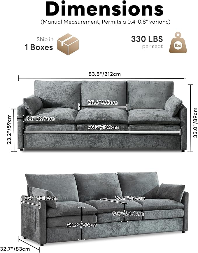 Iroomy 83" Chenille Cloud Couch, Modern Sofa 3 Seater, Comfy Plush Thick Cushions, Pocket Springs, Cloud-Like Comfort Sofas for Small Living Room Apartment, Gray | 9.5" Thick Cushions