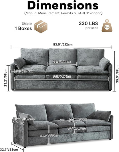 Iroomy 83" Chenille Cloud Couch, Modern Sofa 3 Seater, Comfy Plush Thick Cushions, Pocket Springs, Cloud-Like Comfort Sofas for Small Living Room Apartment, Gray | 9.5" Thick Cushions