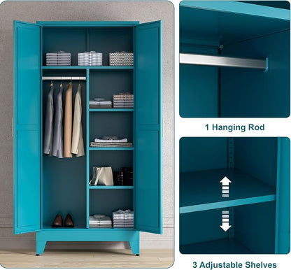 Washsemba 71'' Farmhouse Metal Wardrobe Cabinet with Hanging Rod, 2 Barn Door Wardrobe Closet with 5 Adjustable Shelves,Drawer,for Dining Room,Bedroom,Living Room, Cloak Room,Office (Peacock Blue)