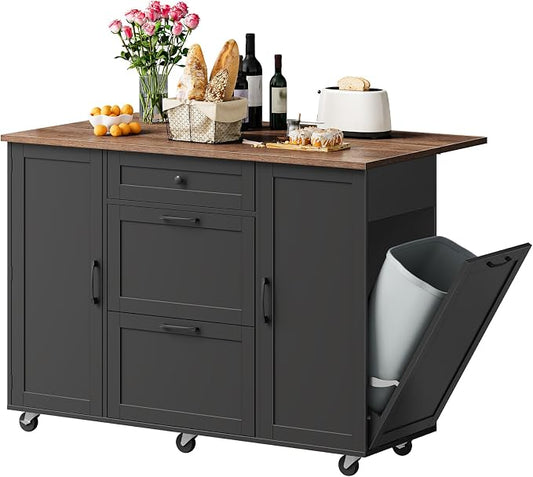 CHOEZON Kitchen Island with Trash Can Cabinet, Drop-Leaf Tabletop & 6 Wheels, 51.2-Inch Rolling Kitchen Cart with Fridge Shelf, Drawers & Adjustable Shelves, Farmhouse Style, Black and Walnut MZD07BL