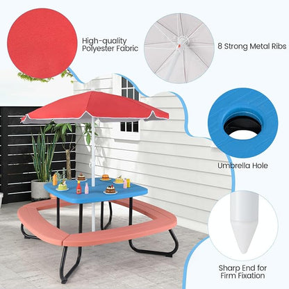 Costzon Kids Picnic Table, 8 Person Kids Outdoor Table and Chairs with Foldable & Adjustable Umbrella, 4 Built-in Benches, Toddler Outdoor Furniture for Backyard, Patio, Garden (Red)