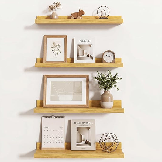 Axeman Picture Ledge Shelf | 20 Inch Floating Shelves Set of 4 | Oak Wall Shelves with Lip | Oak Picture Shelf for Wall with Ledge | Wood Photo Ledges for Living Room Bedroom