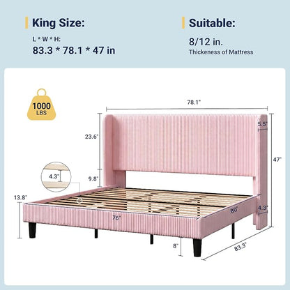 Allewie King Size Bed Frame with Upholstered Wingback Headboard, Vertical Channel Tufted Corduroy Velvet Platform Bed, Strong Wooden Slats Support, No Box Spring Needed, Easy Assembly, Light Pink