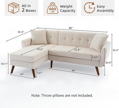 Tbfit L Shaped Couch Sofa, 80" W Mid-Century Modern Sectional Couches, 3 Seater Sofas with Wide Chaise Lounge, Button Tufted Upholstered Sectional Sofa for Living Room, Bedroom, Beige
