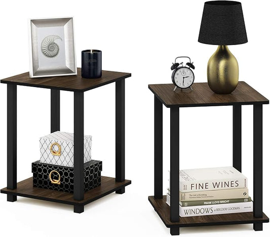 Furinno SIMPLISTIC Side Table Set of 2, 2-Tier Square Modern End Table, Nightstand, Night Stand, Bedside Table, Toolless Assembly, for Living Room, Bedroom, Columbia Walnut