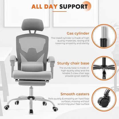 Sweetcrispy Office Computer Desk Chair Set of 2, Ergonomic High-Back Mesh Rolling Work Swivel Chairs with Wheels, Comfortable Lumbar Support, Comfy Arms for Home, Bedroom, Study, Student, Light Grey