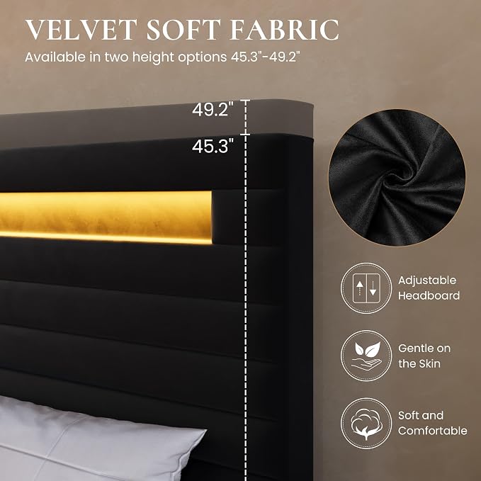 SHA CERLIN Full Bed Frame with LED Light & 2-Tier Storage Shelf, Velvet Upholstered Adjustable Headboard with Charing Station, Horizontal Channel Tufted, No Box Spring Needed, Easy Assembly, Black