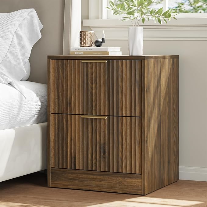 7 Drawer Dresser & Nightstand Set 3-Piece, 55” Wide Bedroom Dresser and Night Stand Set of 2 with Metal Handle, Fluted Modern Wood Chest of Drawers Storage Dressers Set for Bedroom, Walnut