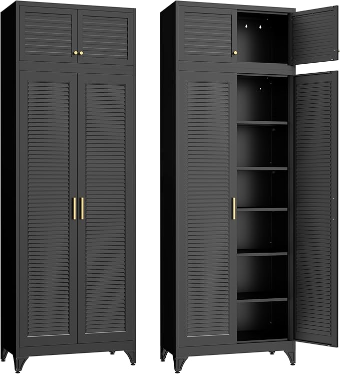 SteeLoong Kitchen Pantry Cabinet,90" Metal Storage Cabinet with Doors and 5 Adjustable Shelves,Black Tall Locker Organizer Steel Garage Cabinets for Tool,File Cabinet for Office,Kitchen,Garage,School