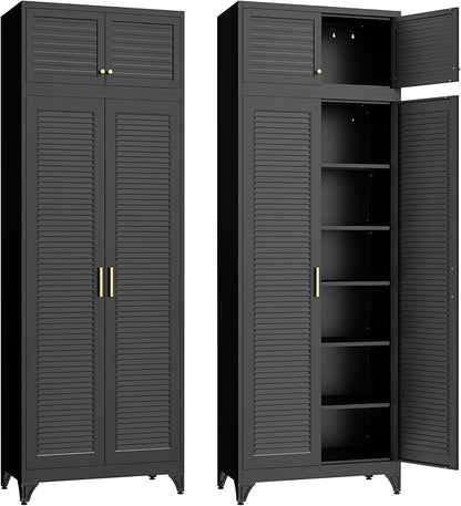 SteeLoong Kitchen Pantry Cabinet,90" Metal Storage Cabinet with Doors and 5 Adjustable Shelves,Black Tall Locker Organizer Steel Garage Cabinets for Tool,File Cabinet for Office,Kitchen,Garage,School