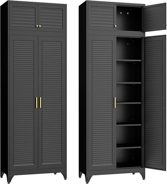 SteeLoong Kitchen Pantry Cabinet,90" Metal Storage Cabinet with Doors and 5 Adjustable Shelves,Black Tall Locker Organizer Steel Garage Cabinets for Tool,File Cabinet for Office,Kitchen,Garage,School