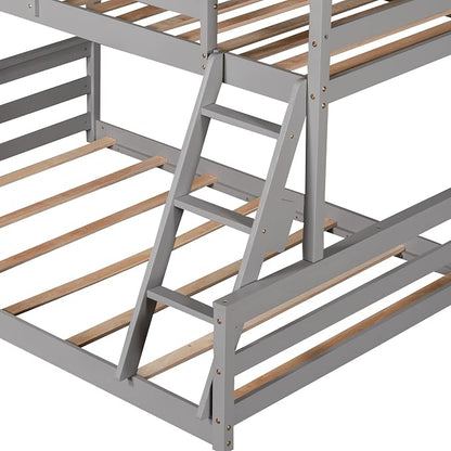 Merax House Floor Bunk Bed with Ladder Twin Over Full,Wood Low Bunk Bed for Kids Juniors, Space-Saving,No Box Spring Needed Gray