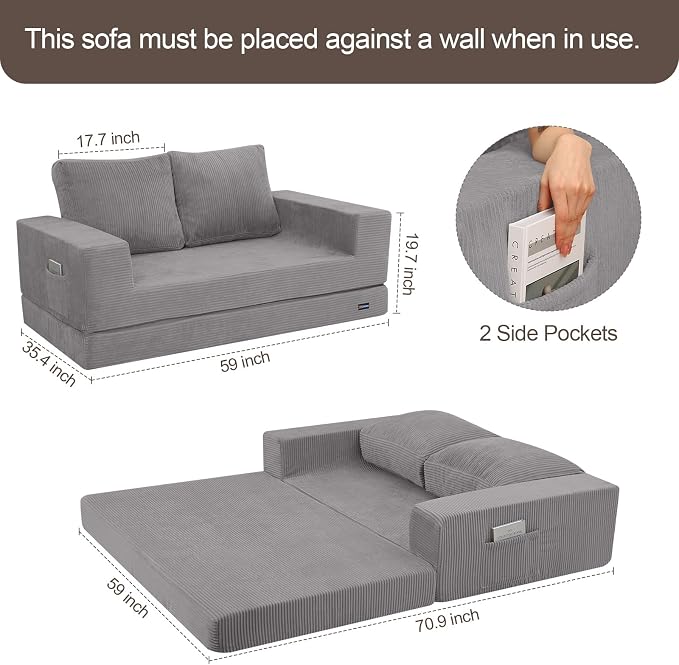 COMAX Futon Sofa Bed, Convertible Sofa Bed, Folding Boneless Couches | Boneless Couch for living room, 4‑in‑1 Fold Out Small Foldable Loveseat Floor Sleeper Mattress Lounge Space‑Saving, Grey