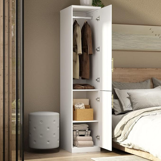 ECACAD White Slim Wardrobe Armoire with 2 Doors, 3-Tier Shelves & Hanging Rod, Wooden Closet Storage Cabinet for Bedroom (15.7”W x 19.3”D x 74.8”H)