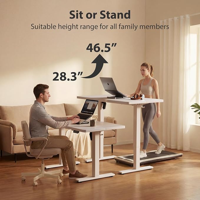 Cubiker Standing Desk, 55x28 Inches Sit Stand Home Office Desk, Electric Stand up Desk, Adjustable Desk with Splice Board, White Frame/White Top