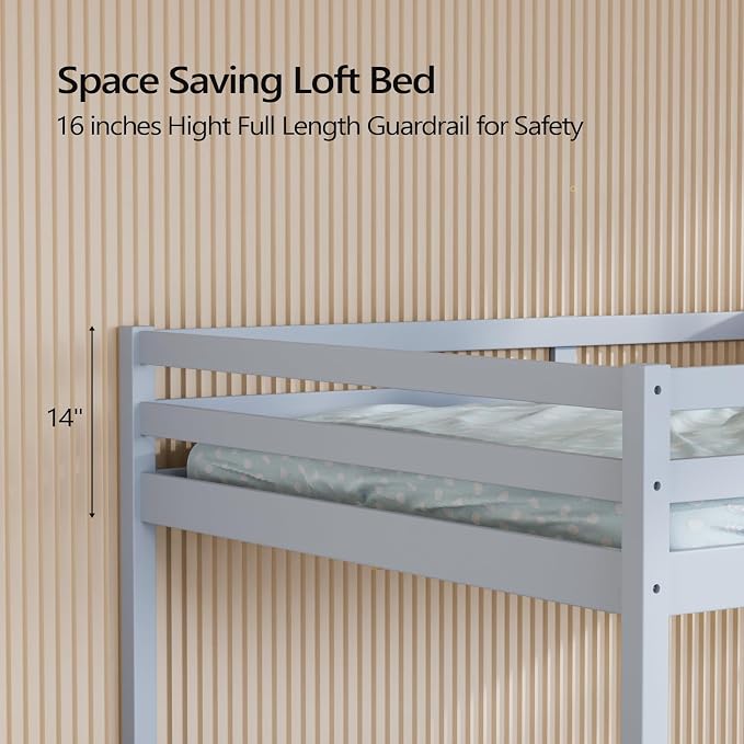 VINGLI Junior Low Loft Bed with Inclined Stairs,Gray Wood Loft Bed Full Size for Adults, Kids and Young Teens, No Box Spring Required,Wood Slat Support