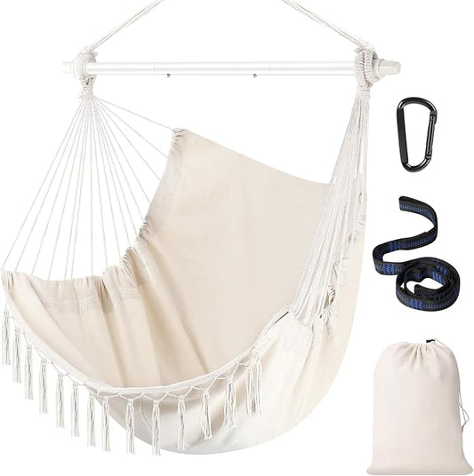 Hammock Chair Hanging Chair Heavy Duty 500 Lbs, Hanging Hammock Chair with Steel Spreader Bar & Adjustable Straps, Indoor Outdoor Hammock Swing for Bedroom Patio Porch Balcony Backyard Camping-Beige