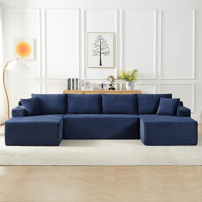 125" Modular Sectional Sleeper Sofa, Boneless Cloud Couch for Living Room, U Shaped 5 Seat Sofa with 2 Storage Pockets& 2 Cup Holders, Free Combination, No Assembly Required (Blue, 125")