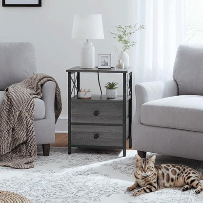 AMHANCIBLE Night Stand Set 2, Nightstand with Charging Station, Small Bedside Table with 2 Fabric Drawers, End Tables Living Room with USB C Ports for Bedroom, Dark Grey HET05XDG