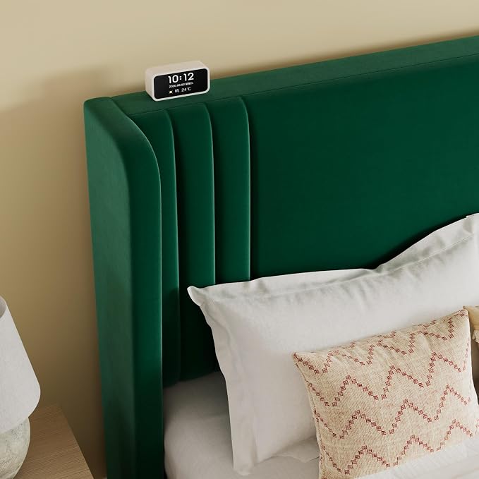 SHA CERLIN Full Size Velvet Upholstered Platform Bed Frame with Vertical Channel Tufted Wingback Headboard, Wooden Slats Support, Easy Assembly, Under Bed Storage, No Box Spring Required, Green