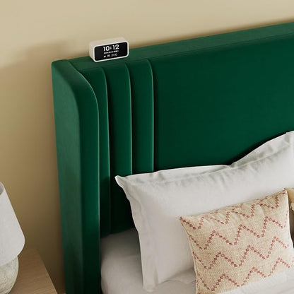 SHA CERLIN Full Size Velvet Upholstered Platform Bed Frame with Vertical Channel Tufted Wingback Headboard, Wooden Slats Support, Easy Assembly, Under Bed Storage, No Box Spring Required, Green