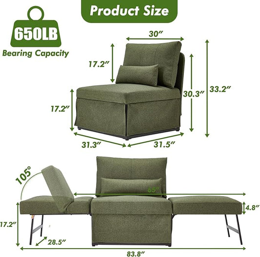 ZZW Sleeper Chair Bed Upgrade 4-in-1 to 5-in-1 Convertible Multi-fuction Sofa Chair w/Adjustable Backrest Assembly-Free Linen Folding Sofa Ottoman Bed for Living Room Apartment (Deep Green)