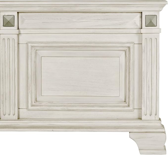 Roundhill Furniture Renova Distressed Parchment Wood Bedroom Set, King Panel Bed, Dresser, Mirror, Two Nightstands