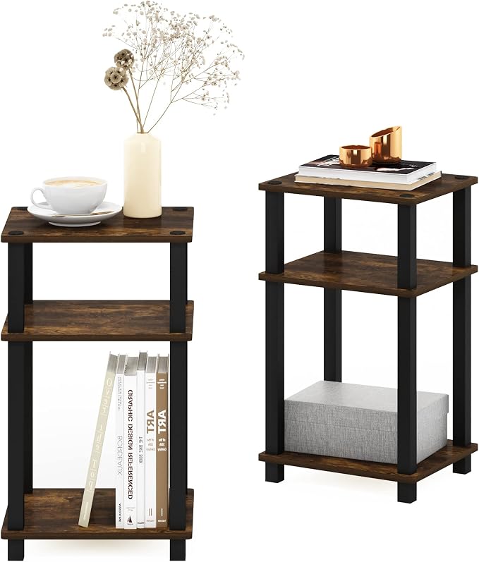 Furinno JUST Side Table Set of 2, 3-Tier Open Shelf End Table, Toolless Assembly Night Stand, Bedside Table with Square Tube, for Living Room, Bedroom, Amber Pine